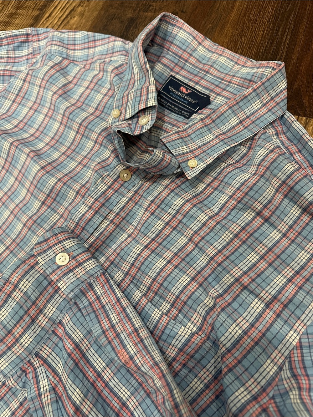 Vineyard Vines Performance Blue and Pink Plaid Button-Down Shirt
